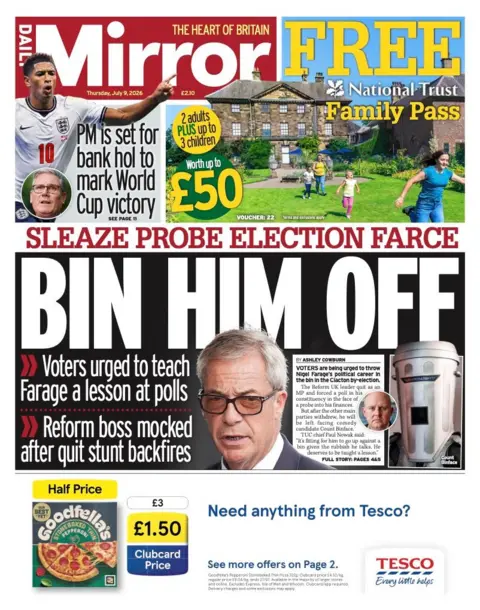 The headline for the front page of the Daily Mirror reads: 'Bin him off.'