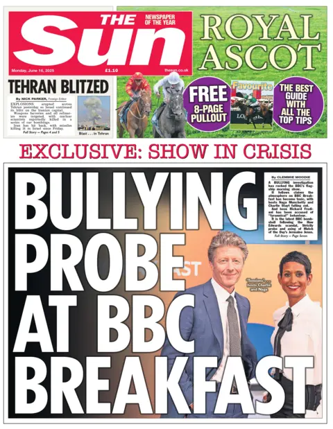 The front page of The Sun. The headline reads "Bullying probe at BBC Breakfast". There is a smiling image of Charlie Stayt and Naga Munchetty.