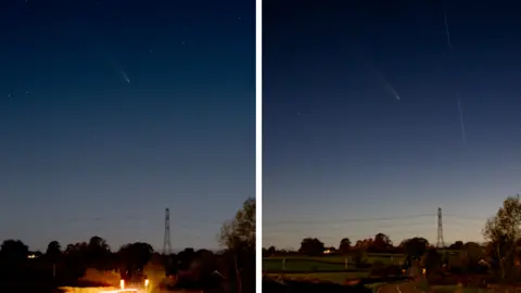 Jono Kimber Two photos of a comet in a dark blur sky with a road and telegraph poles below