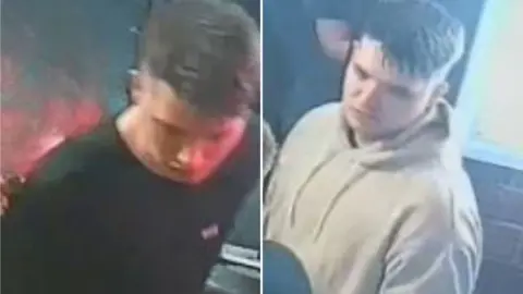 Two side by side images of a man. He has short, straight brown hair which goes just over his forehead. Both are blurry CCTV images.