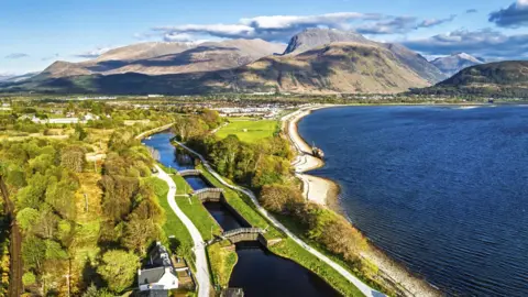An aerial view of the Caledonian Canal and in the distance Corpach, Fort William and Ben Nevis.