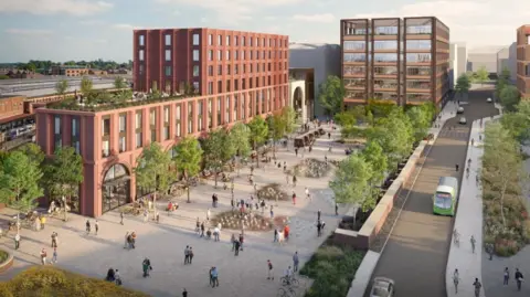 York Central Ltd/Network Rail/Homes England An artists impression of an aerial view of Coal Drops Square in York Central towards the Western Station Entrance. 