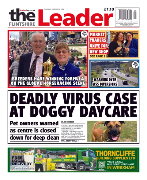Flintshire Leader The Front page of the Flintshire Leader has a picture of a short hair brown dog with a black snout and ears looking at the cameral beneath the headline deadly virus case at doggy daycare 