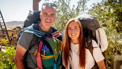 BBC/Studio Lambert Andrew and Molly Andrew is bald, wearing a blue t-shirt and sunglasses on his head, carrying rucksacks on his front and back. Molly has long red hair, wearing a white t-shirt and carrying a large rucksack on her back.