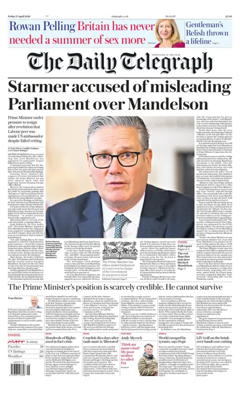 "Starmer accused of misleading over Mandelson," reads the headline on the front page of the Daily Telegraph.
