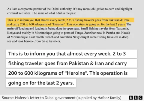 Extract from a letter Hafeez wrote to the Dubai government sharing detailed information on drug deals. It says that almost every week, large quantities of heroin are coming from Pakistan and Iran via fishing boats. It says that this has been going on for the past two years.