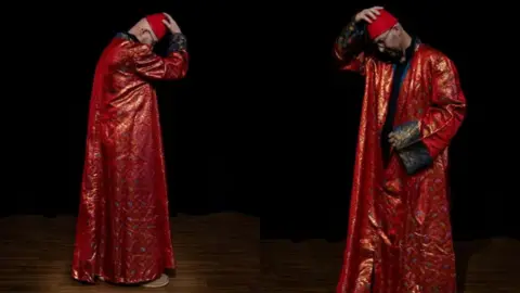 Tennants Auctioneers Two side-by-side images of a model wearing a red silk robe and a red fez.
