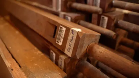 A graveyard of homeless organ parts. Straight pieces of wood have labels written on them