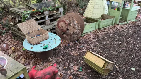 Sprogs and Logs outdoor play area showing broken toys and equipment on the ground