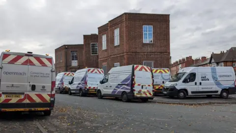 BBC Openreach vans at parked at a site in Nottingham