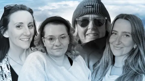 A composite image of four women, smiling at the camera. The image uses black and white photos of the four women but the bottom of the image has a slight blue tint.