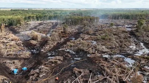 PA Media Birds-eye view of the damaged and burnt nature reserve. Some clouds of white smoke can be seen in the air.