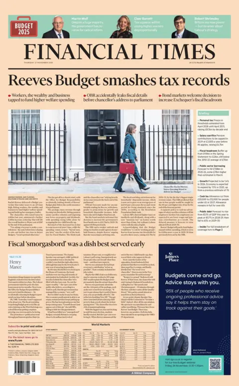"Reeves Budget smashes tax records" reads the headline on the front page of the Financial Times.