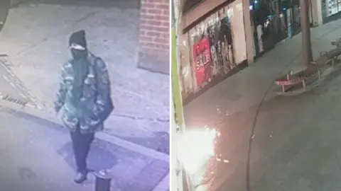CCTV images show a woman wearing a camouflaged jacket, face coverings and a hat at the scene of crimes, where explosive substances were used to cause damage to businesses in Norwich