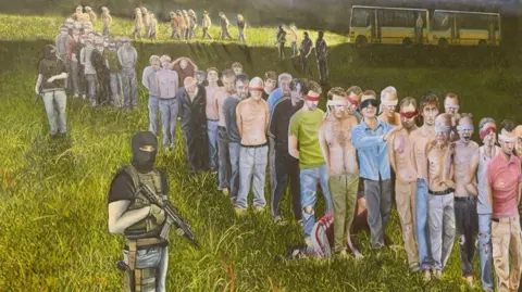 Artwork showing the Srebrenica massacre shows men lined up in a field and men around them standing with guns. Many of the men who are lined up have blindfolds on. Many are not wearing a top and their ribs are showing through their skin. One has his hand on another man's shoulder.