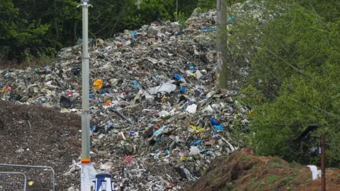 A huge pile of waste behind trees with a floodlight pole.