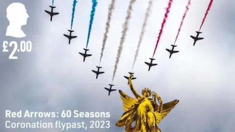 PA Media A stamp showing the Red Arrows during the 2023 Coronation flypast 