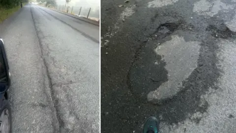 Two images of road damage, the left showing two long deep parallel ruts in the road far in the distance and the right a pothole next to a foot making it about a metre wide