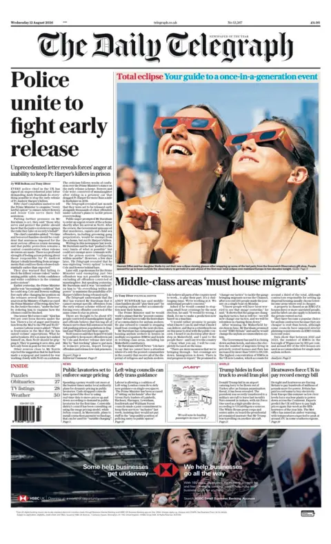 The headline on the front page of the Daily Telegraph reads: "Police unite to fight early release." 