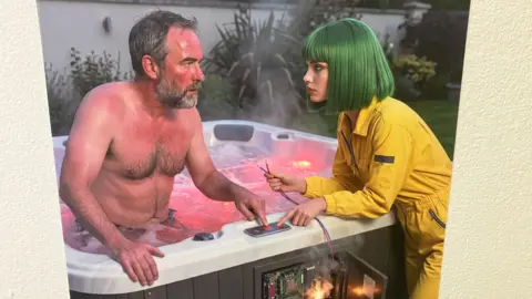 AI-generated image hanging on a plain gallery wall. A man in a hot tub and a woman with green hair and yellow jumpsuit pulling the electrics out of the tub. The water is a pink/ red colour. The man has black and grey hair and beard. 