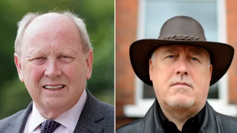 A composite image of Jim Allister, with grey hair and suit and Danny Morrison wearing a brown leather cowboy hat. 