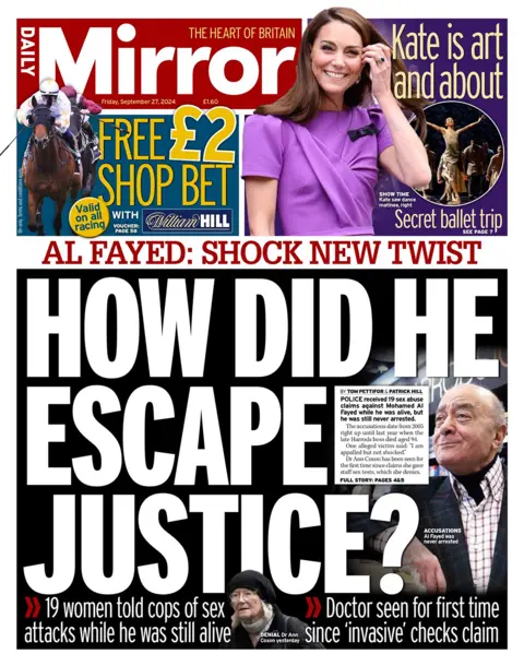 The front page of the Daily Mirror. The headline reads: 'Al Fayed: Shock new twist. How did he escape justice?'