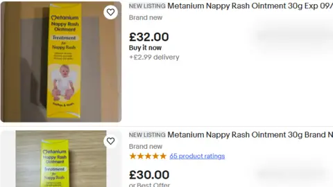 A screen shot of the online auction listing for Millennium Nappy Rash Ointment, showing prices of £32 and £30 for a tube