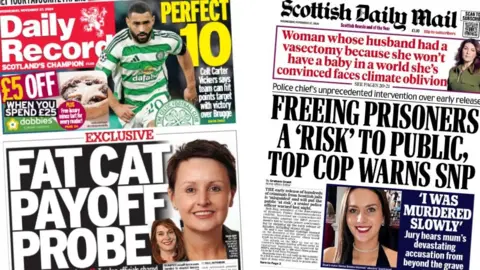 Composite image of the Daily Record, headlined "Fat cat payoff probe" and the Scottish Daily Mail, headlined "Freeing prisoners a 'risk to public, top cop warns SNP"