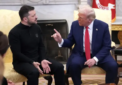 Getty Images President Donald Trump and Ukrainian President Volodymyr Zelensky meet in the Oval Office at the White House. 