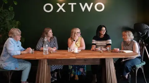 BBC Five women are sat around a dining table. There pink coffee cups, a candle, water tumblers and a bottle of water on the table.