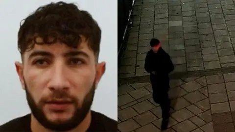 Split image. On the left is a police mugshot of Muhammad Sheikhi who has short, black hair and a black beard. He is wearing a black T-shirt. On the right is a CCTV still image of Sheikhi walking along a pavement