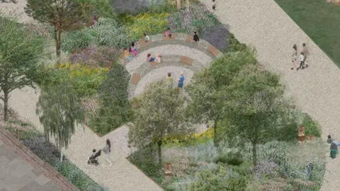 A design of a public garden with trees and flower beds. 