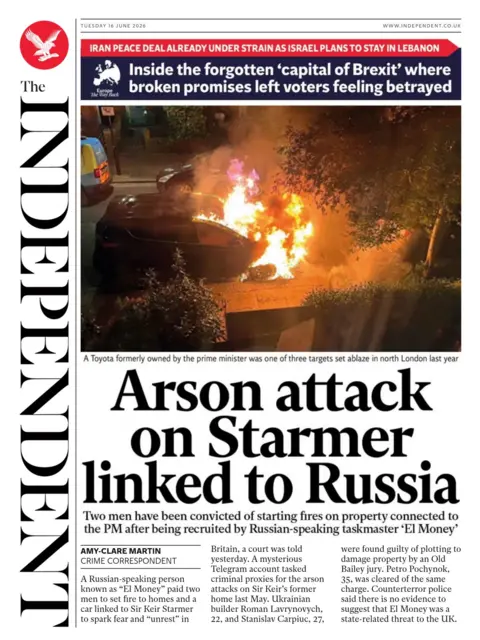 The headline on the front page of the Independent reads: “Arson attack on Starmer linked to Russia”.