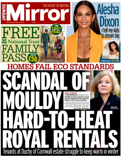 The front page of the Sunday Mirror. The headline reads: 'Scandal of mouldy hard-to-heat royal rentals'