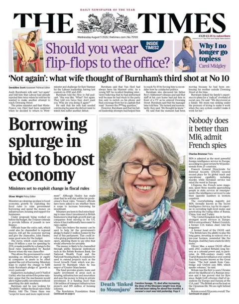"Borrowing splurge in bid to boost economy" reads the headline on the front page of the Times.