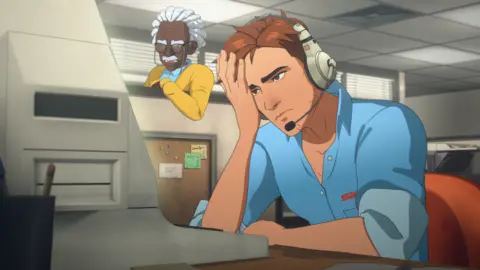 AdHoc Studio A screenshot from Dispatch shows a character in an office cubicle wearing a headset with a microphone extending near his mouth. He rests his head in one hand and looks thoroughly fed up as a manager leans over the wall of his cubicle to chastise him.