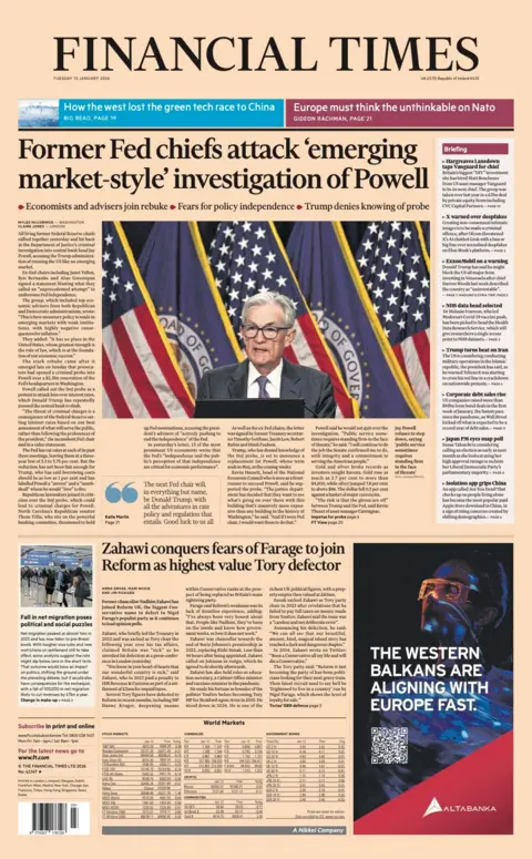 The headline on the front page of the Financial Times reads: "Former Fed chiefs attack 'emerging market-style' investigation of Powell".