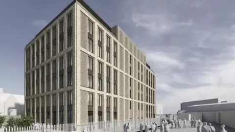 Artist's impression of a six-storey office block. It is a large rectangular grey building in the centre of Blackpool.