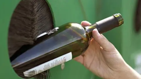A bottle being placed in a recycling container