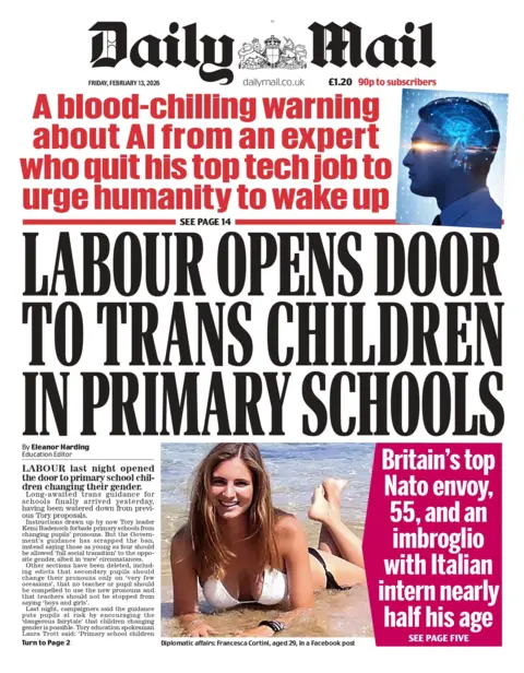 "Labour opens door to trans children in primary schools" reads the headline on the front page of the Daily Mail.