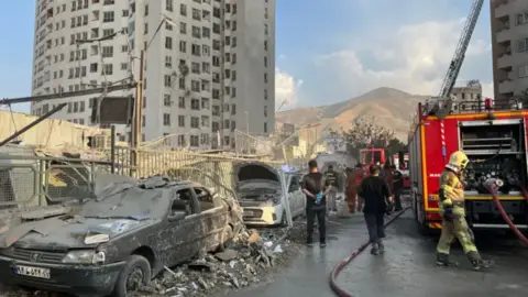 EPA A landscape image of two cars that have been burnt out. Emergency services stand around looking at the damage and a red truck is parked on the right hand side