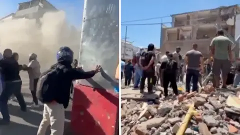 Split screen. Left, people are running from buildings collapsing. Right, damage is seen from the earthquake.