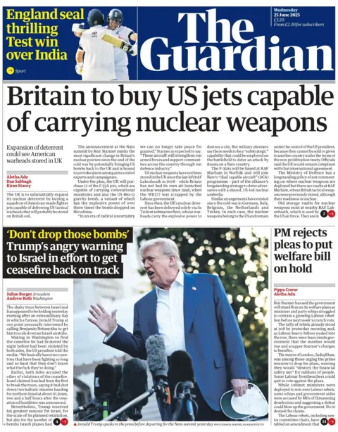 "Britain to buy US jets capable of carrying nuclear weapons" reads teh headline on the front page of The Guardian.