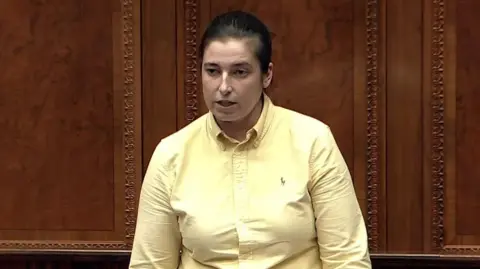 Áine Murphy, a woman with dark hair tied back from her face, stands in the Stormont chamber, speaking during a debate. She is wearing a yellow shirt, open at the neck. The wall behind her is panelled with wood.