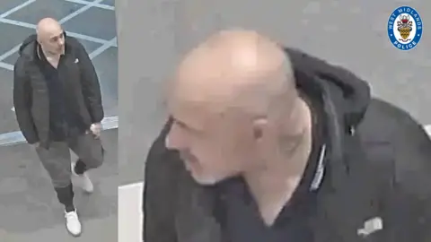 A composite image of two CCTV pictures of the same man. He is bald and appears to have stubble on his face. He is wearing a black top, white trainers, black and grey jogging bottoms and a black coat with a white logo on its breast