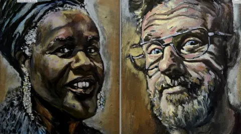 Simon Gee Two portraits side by side. The one on the left is of a woman wearing a tall turban-like head covering and long glittery earrings. On the right a man with a characterful face wears glasses. 