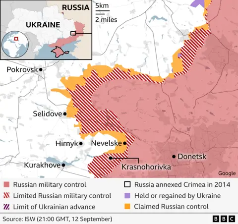 Map showing Pokrovsk and surrounding towns in Ukraine's Donetsk region