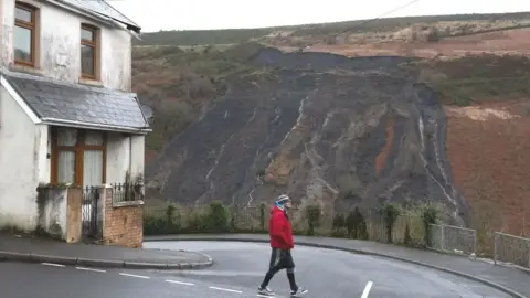 Landslide above Tylorstown in Rhondda Cynon Taf during storm Dennis in 2020.  