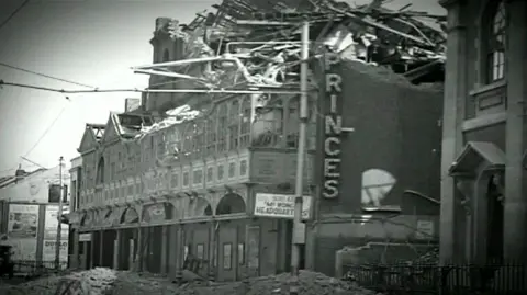 British Pathe Black and white image of a bomb-damaged Princes Theatre