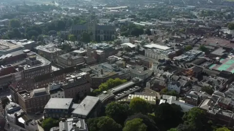 BBC An aerial view of Exeter city centre